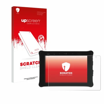 Parte frontal de un envase de producto con el logotipo de la marca upscreen. Al lado se muestra el dispositivo Leica iCON CC18