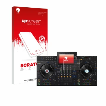 Parte frontal de un envase de producto con el logotipo de la marca upscreen. Al lado se muestra el dispositivo Pioneer XDJ-AZ 
