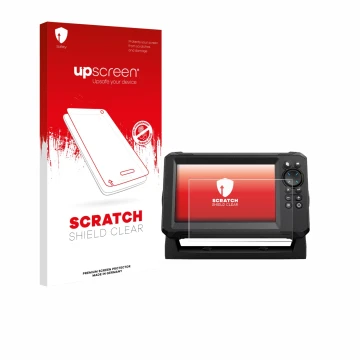 Parte frontal de un envase de producto con el logotipo de la marca upscreen. Al lado se muestra el dispositivo Lowrance Eagle 