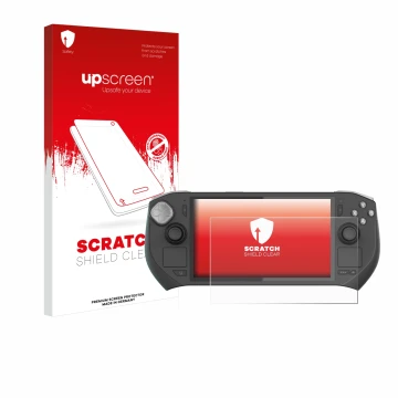 Parte frontal de un envase de producto con el logotipo de la marca upscreen. Al lado se muestra el dispositivo Zotac Gaming Zo