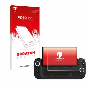 Parte frontal de un envase de producto con el logotipo de la marca upscreen. Al lado se muestra el dispositivo Antec Core HS c