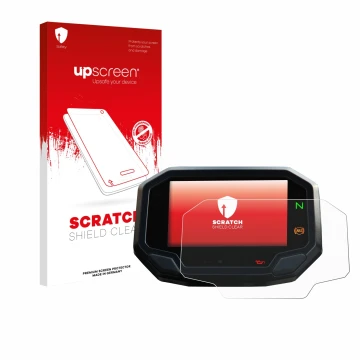 Parte frontal de un envase de producto con el logotipo de la marca upscreen. Al lado se muestra el dispositivo Kawasaki Versys