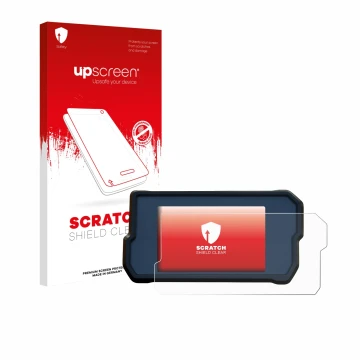 Parte frontal de un envase de producto con el logotipo de la marca upscreen. Al lado se muestra el dispositivo KTM RC125 / RC3