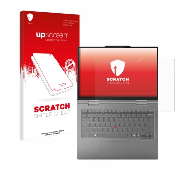 Parte frontal de un envase de producto con el logotipo de la marca upscreen. Al lado se muestra el dispositivo Lenovo ThinkPad