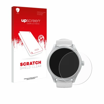 Parte frontal de un envase de producto con el logotipo de la marca upscreen. Al lado se muestra el dispositivo Hama Smartwatch