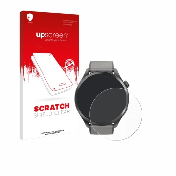 Parte frontal de un envase de producto con el logotipo de la marca upscreen. Al lado se muestra el dispositivo Hama Smartwatch
