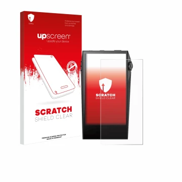 Parte frontal de un envase de producto con el logotipo de la marca upscreen. Al lado se muestra el dispositivo Astell&Kern SP3