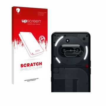 Parte frontal de un envase de producto con el logotipo de la marca upscreen. Al lado se muestra el dispositivo Nothing Phone (