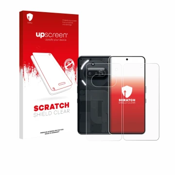 Parte frontal de un envase de producto con el logotipo de la marca upscreen. Al lado se muestra el dispositivo Nothing Phone (