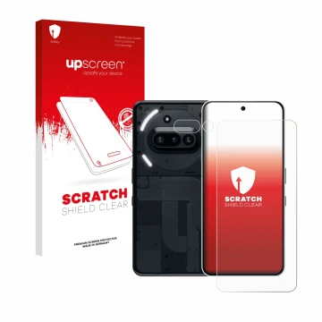 Parte frontal de un envase de producto con el logotipo de la marca upscreen. Al lado se muestra el dispositivo Nothing Phone (