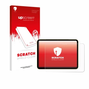 Parte frontal de un envase de producto con el logotipo de la marca upscreen. Al lado se muestra el dispositivo Apple iPad Air 