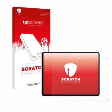 Parte frontal de un envase de producto con el logotipo de la marca upscreen. Al lado se muestra el dispositivo Apple iPad Air 