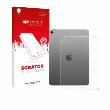 Parte frontal de un envase de producto con el logotipo de la marca upscreen. Al lado se muestra el dispositivo Apple iPad Air 