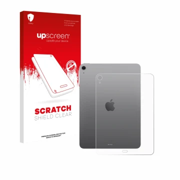 Parte frontal de un envase de producto con el logotipo de la marca upscreen. Al lado se muestra el dispositivo Apple iPad Air 