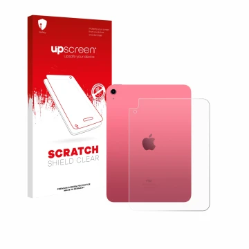 Parte frontal de un envase de producto con el logotipo de la marca upscreen. Al lado se muestra el dispositivo Apple iPad A16 