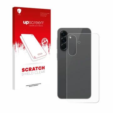 Parte frontal de un envase de producto con el logotipo de la marca upscreen. Al lado se muestra el dispositivo Samsung Galaxy 