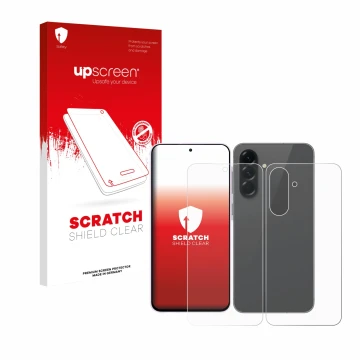 Parte frontal de un envase de producto con el logotipo de la marca upscreen. Al lado se muestra el dispositivo Samsung Galaxy 
