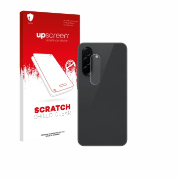 Parte frontal de un envase de producto con el logotipo de la marca upscreen. Al lado se muestra el dispositivo Samsung Galaxy 