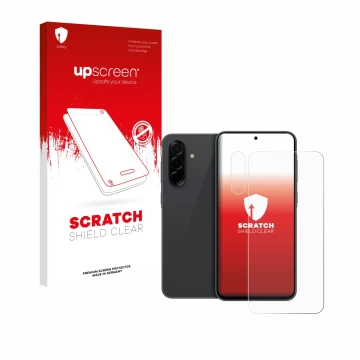 Parte frontal de un envase de producto con el logotipo de la marca upscreen. Al lado se muestra el dispositivo Samsung Galaxy 