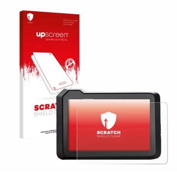 Parte frontal de un envase de producto con el logotipo de la marca upscreen. Al lado se muestra el dispositivo KTM 1390 Super 