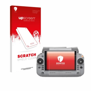 Parte frontal de un envase de producto con el logotipo de la marca upscreen. Al lado se muestra el dispositivo DJI RC Plus 2 c
