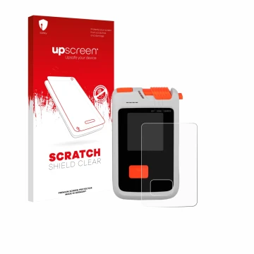 Parte frontal de un envase de producto con el logotipo de la marca upscreen. Al lado se muestra el dispositivo Mammut Barryvox