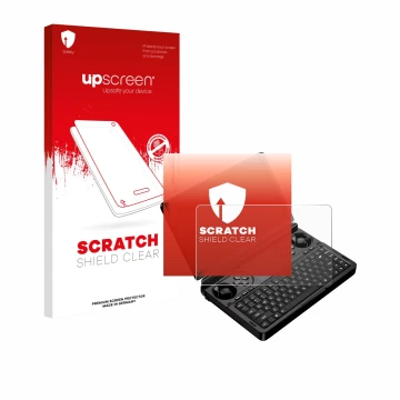 Parte frontal de un envase de producto con el logotipo de la marca upscreen. Al lado se muestra el dispositivo GPD Win Mini (2