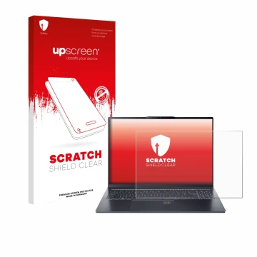Parte frontal de un envase de producto con el logotipo de la marca upscreen. Al lado se muestra el dispositivo Acer Swift Go 1