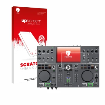 Parte frontal de un envase de producto con el logotipo de la marca upscreen. Al lado se muestra el dispositivo Denon DJ Prime 