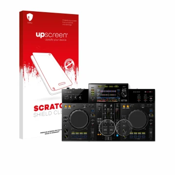 Parte frontal de un envase de producto con el logotipo de la marca upscreen. Al lado se muestra el dispositivo Pioneer XDJ -RR