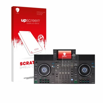 Parte frontal de un envase de producto con el logotipo de la marca upscreen. Al lado se muestra el dispositivo Denon DJ SC LIV