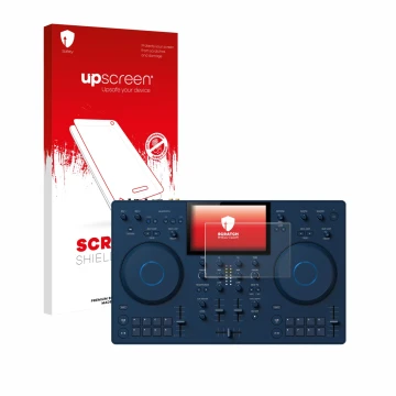 Parte frontal de un envase de producto con el logotipo de la marca upscreen. Al lado se muestra el dispositivo AlphaTheta OMNI