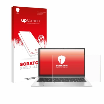 Parte frontal de un envase de producto con el logotipo de la marca upscreen. Al lado se muestra el dispositivo HP EliteBook 85