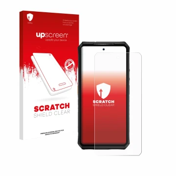 Parte frontal de un envase de producto con el logotipo de la marca upscreen. Al lado se muestra el dispositivo Ulefone Armor 2
