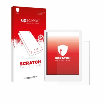 Parte frontal de un envase de producto con el logotipo de la marca upscreen. Al lado se muestra el dispositivo Meebook M8 7.8