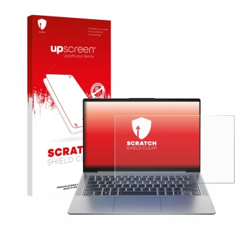 Parte frontal de un envase de producto con el logotipo de la marca upscreen. Al lado se muestra el dispositivo Lenovo IdeaPad 