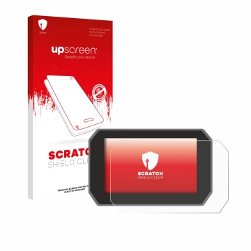 Parte frontal de un envase de producto con el logotipo de la marca upscreen. Al lado se muestra el dispositivo Yamaha Tracer 9