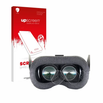 Parte frontal de un envase de producto con el logotipo de la marca upscreen. Al lado se muestra el dispositivo Valve Index VR-