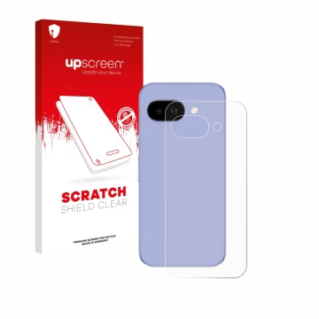 Parte frontal de un envase de producto con el logotipo de la marca upscreen. Al lado se muestra el dispositivo Google Pixel 9a