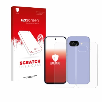 Parte frontal de un envase de producto con el logotipo de la marca upscreen. Al lado se muestra el dispositivo Google Pixel 9a