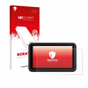 Parte frontal de un envase de producto con el logotipo de la marca upscreen. Al lado se muestra el dispositivo Atomos Shinobi 