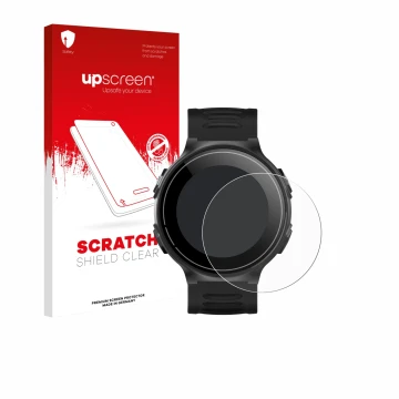 Parte frontal de un envase de producto con el logotipo de la marca upscreen. Al lado se muestra el dispositivo Kiprun GPS 500 
