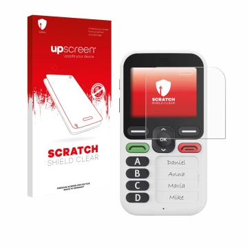 Parte frontal de un envase de producto con el logotipo de la marca upscreen. Al lado se muestra el dispositivo Doro Leva X10 c