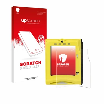 Parte frontal de un envase de producto con el logotipo de la marca upscreen. Al lado se muestra el dispositivo Nayax VPOS TOUC