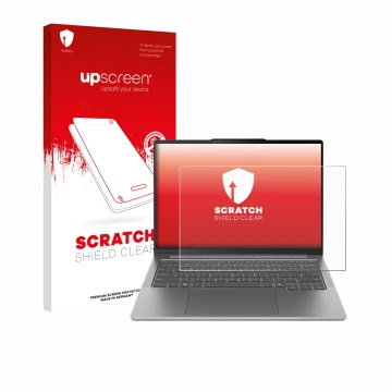 Parte frontal de un envase de producto con el logotipo de la marca upscreen. Al lado se muestra el dispositivo Lenovo IdeaPad 