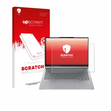 Parte frontal de un envase de producto con el logotipo de la marca upscreen. Al lado se muestra el dispositivo Lenovo ThinkBoo