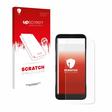 Parte frontal de un envase de producto con el logotipo de la marca upscreen. Al lado se muestra el dispositivo Datalogic Memor