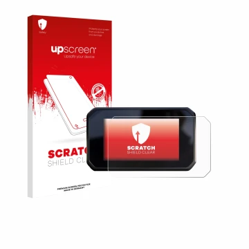 Parte frontal de un envase de producto con el logotipo de la marca upscreen. Al lado se muestra el dispositivo Honda CBR650R 2