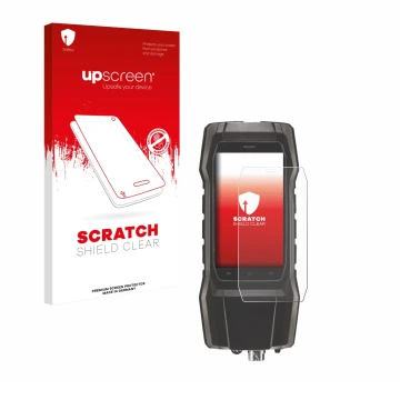 Parte frontal de un envase de producto con el logotipo de la marca upscreen. Al lado se muestra el dispositivo Testo 300 con s