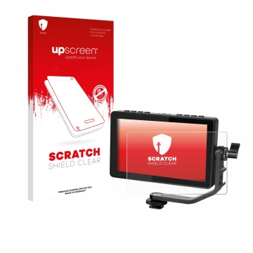Parte frontal de un envase de producto con el logotipo de la marca upscreen. Al lado se muestra el dispositivo Feelworld F5 PR